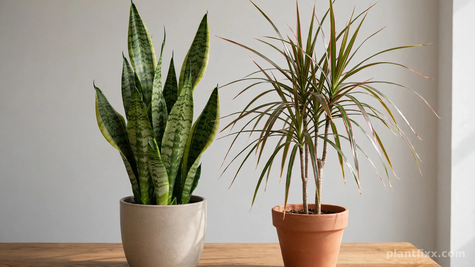 Snake plant (Dracaena trifasciata) beside a Madagascar dragon tree (Dracaena marginata), two very different plants that now share the Dracaena genus