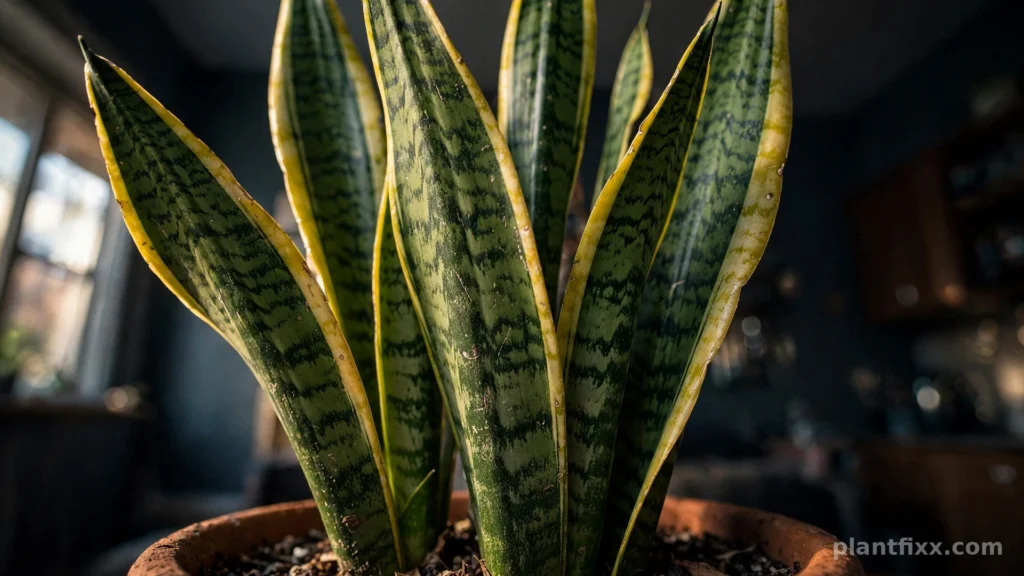 Close-up of snake plant leaves with yellow margins, now botanically classified as Dracaena trifasciata, formerly Sansevieria trifasciata