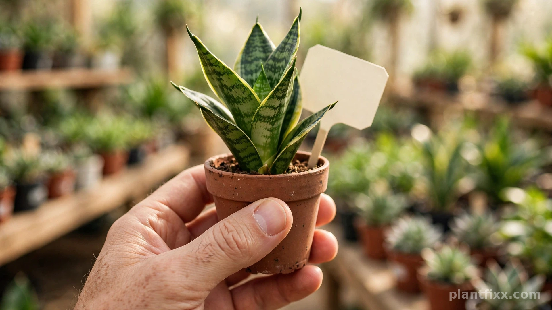 Hand holding a potted snake plant with a blank nursery label, illustrating Sansevieria vs Dracaena naming confusion