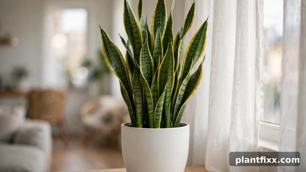 Healthy snake plant with tall green and gold leaves in a white pot near a bright window