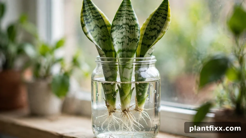 Snake plant in terracotta pot on wooden stand beside window with sheer curtains