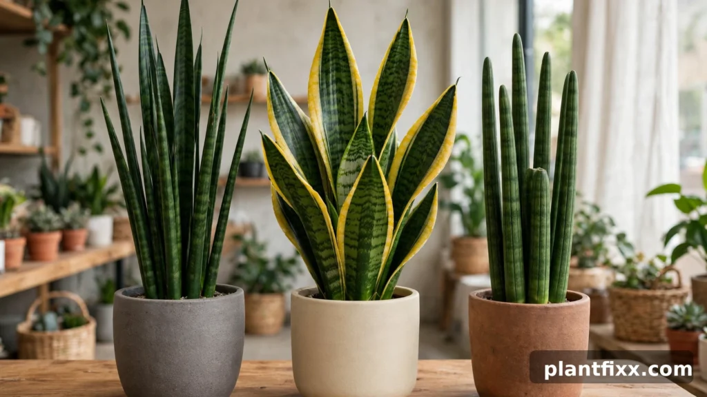 Three snake plant varieties in pots side by side