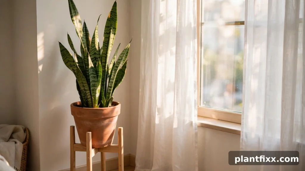 Hand watering a snake plant with a small watering can