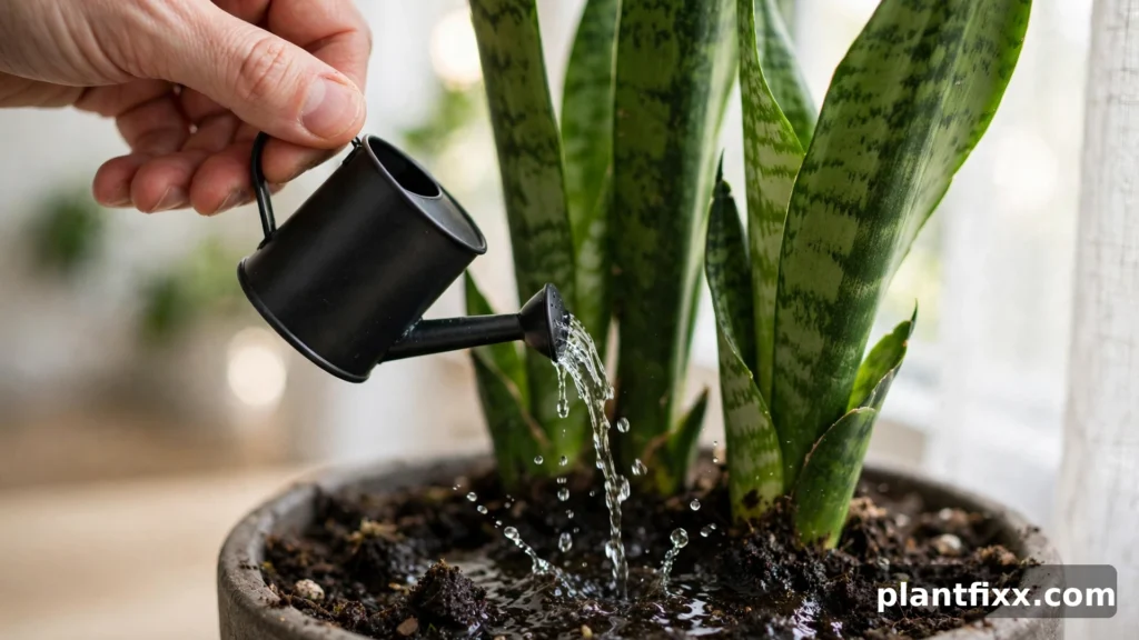 Close-up of yellowing snake plant leaf being inspected by hand