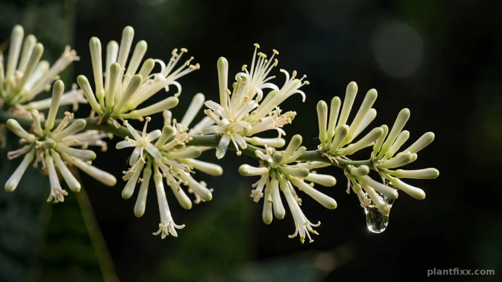 Close-up of snake plant flowers with sticky nectar on the stalk