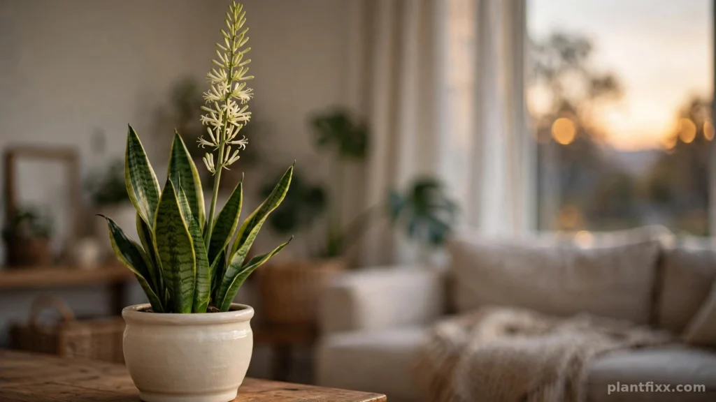 Snake plant flowering with a tall bloom stalk and small white flowers