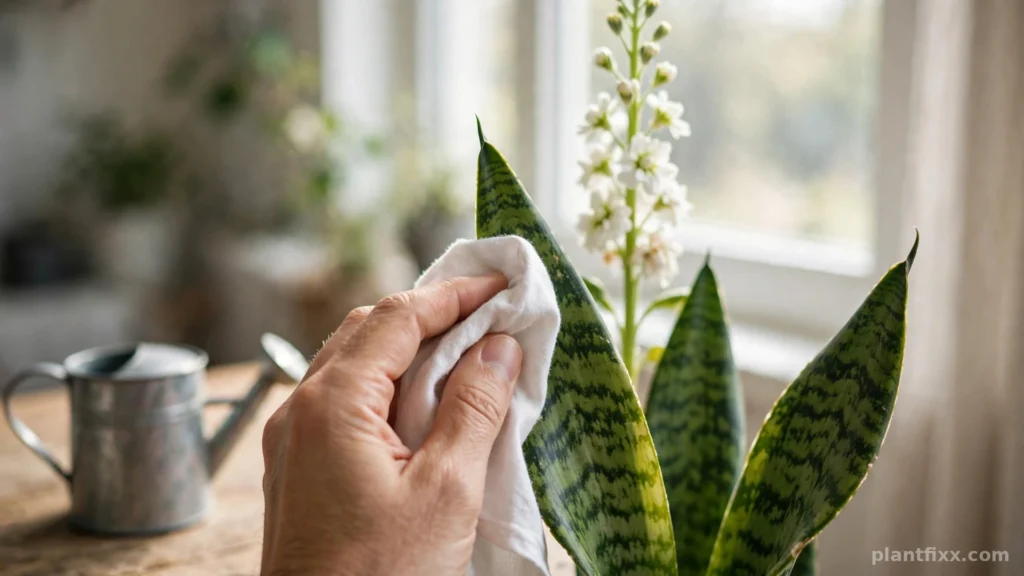 Wiping sticky nectar off a flowering snake plant leaf
