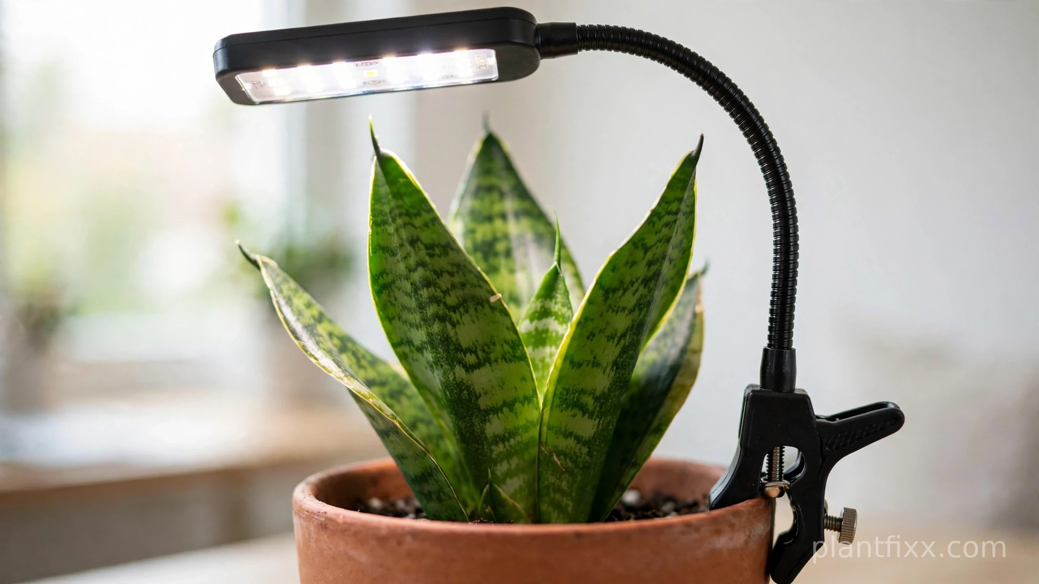Clip-on gooseneck LED grow light positioned over a snake plant.