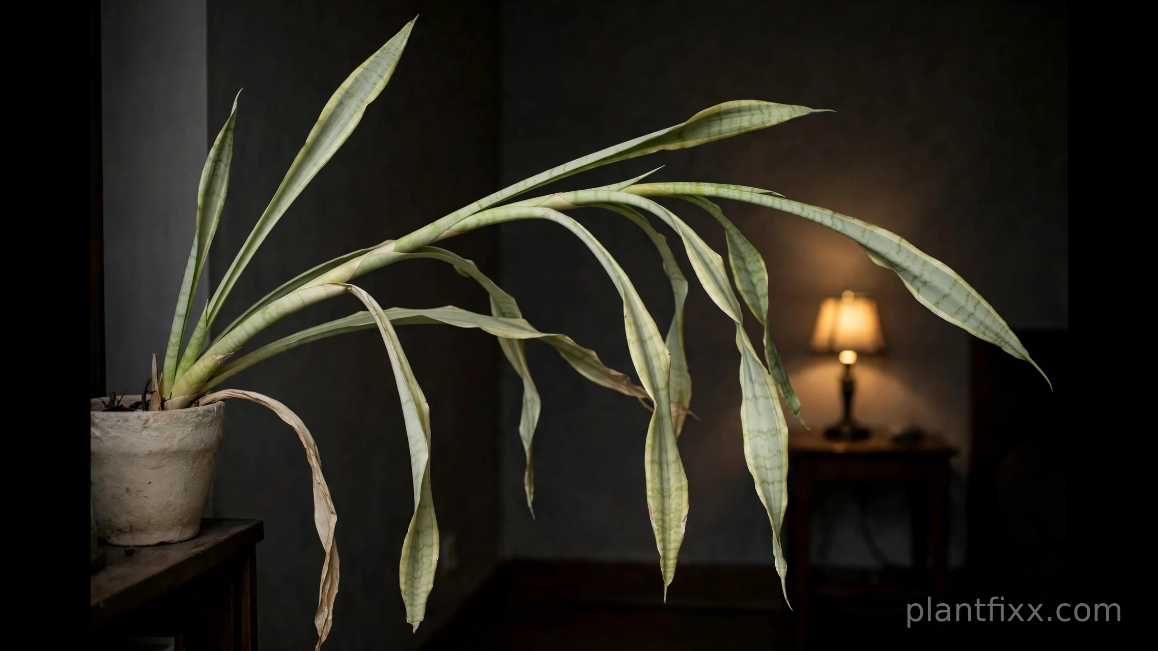 Snake plant stretching toward a distant light, a sign it needs more grow light.