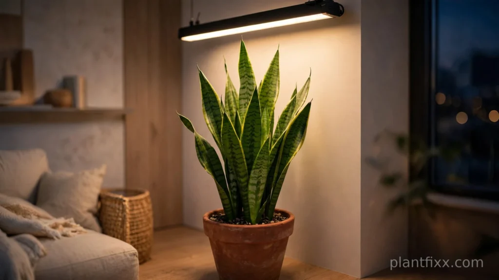Snake plant in a living room corner under a warm LED grow light bar.