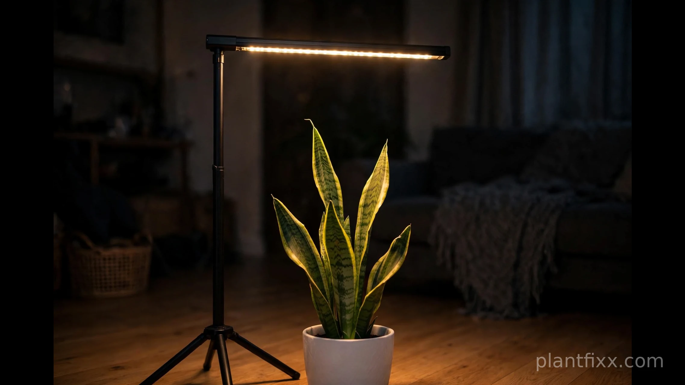 LED grow light bar mounted above a snake plant showing proper hanging distance.