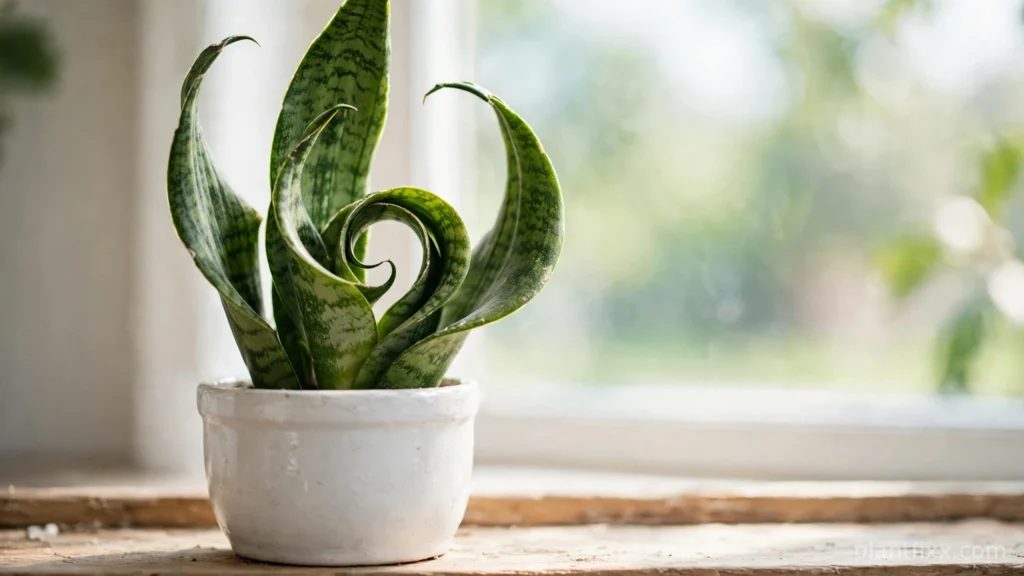 Snake plant with leaves curling inward in a white pot on a windowsill