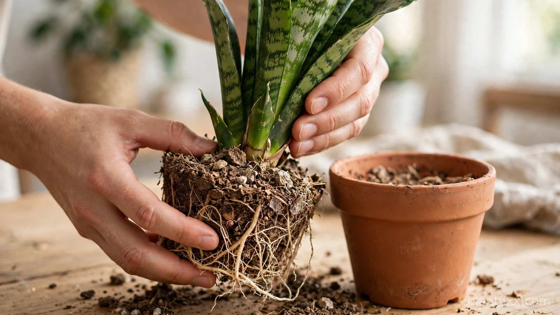 Checking snake plant roots and soil moisture after unpotting the plant