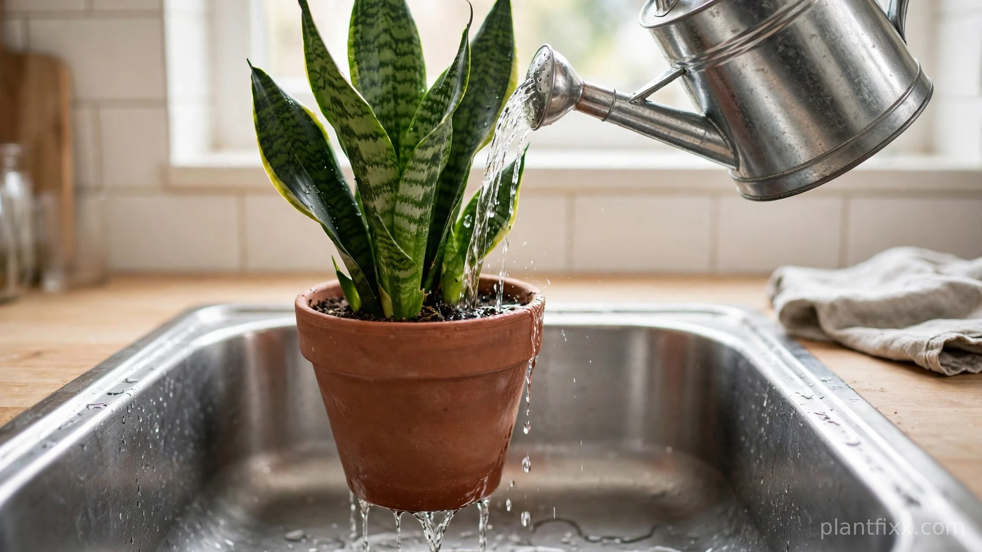 Watering a snake plant in a terracotta pot until water drains from the bottom