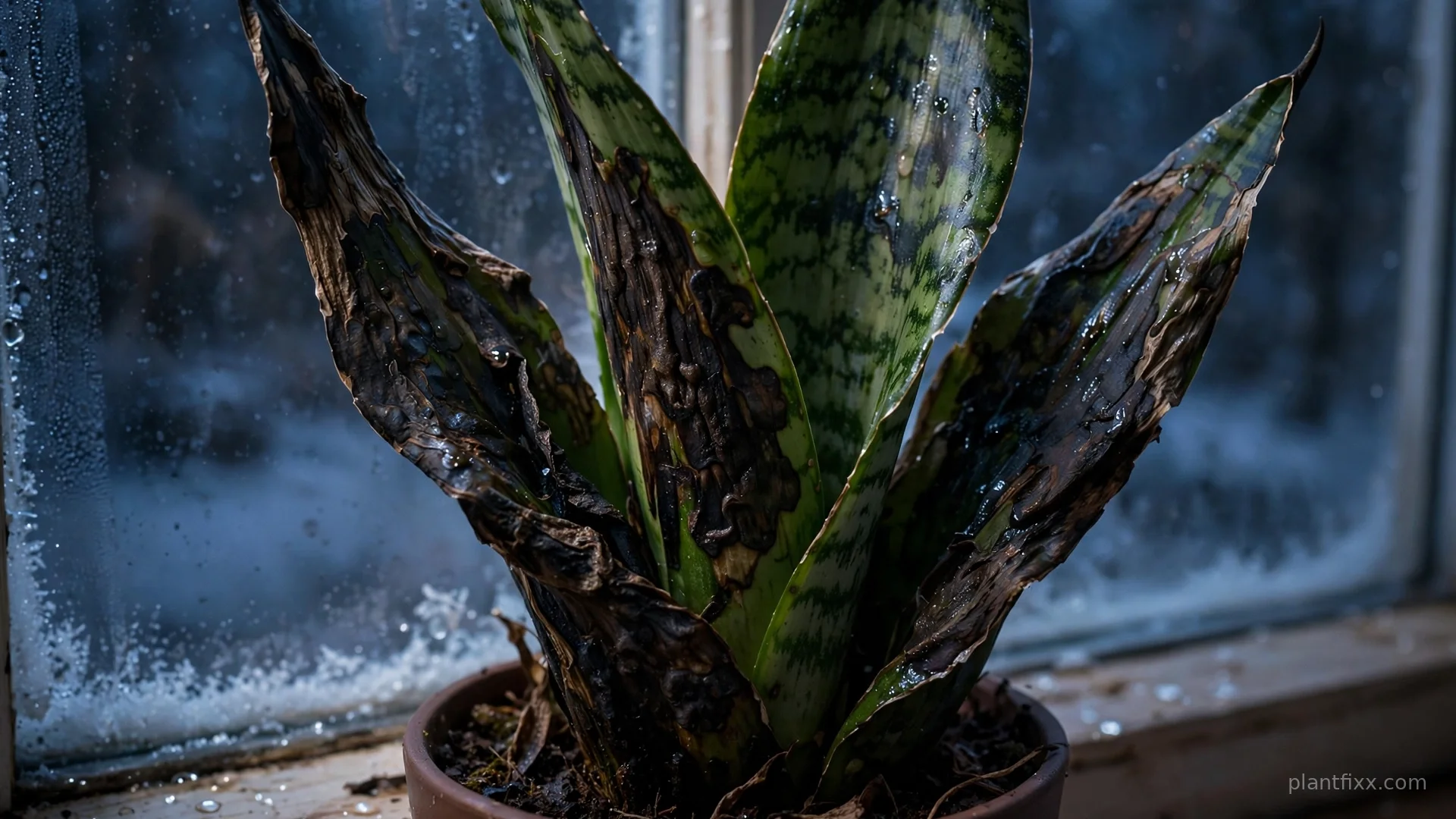 Snake plant leaves with dark, mushy cold damage patches near a window
