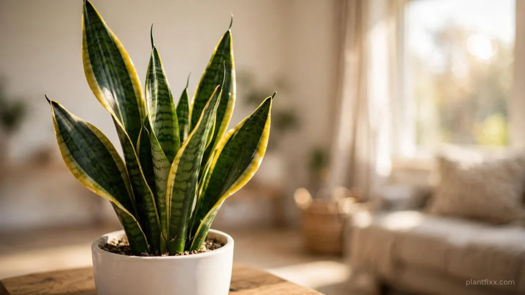 Healthy snake plant with tall upright leaves in a white pot near a bright window, thriving in its ideal temperature range