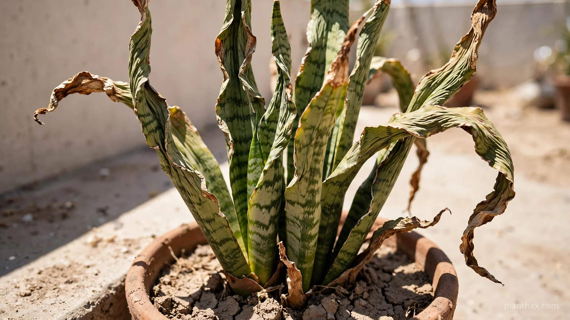 Snake plant with wrinkled, curling leaves and brown tips suffering from heat stress in a hot sunny spot