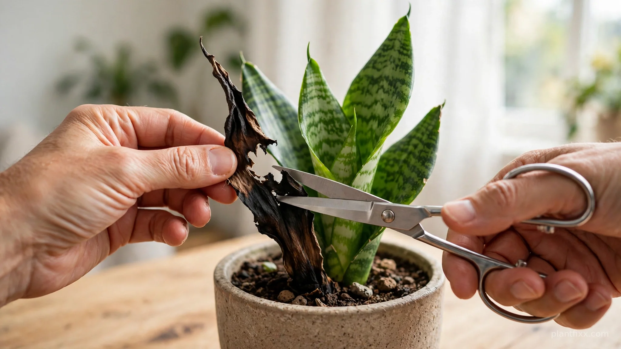Trimming a cold-damaged blackened leaf from a snake plant with clean scissors