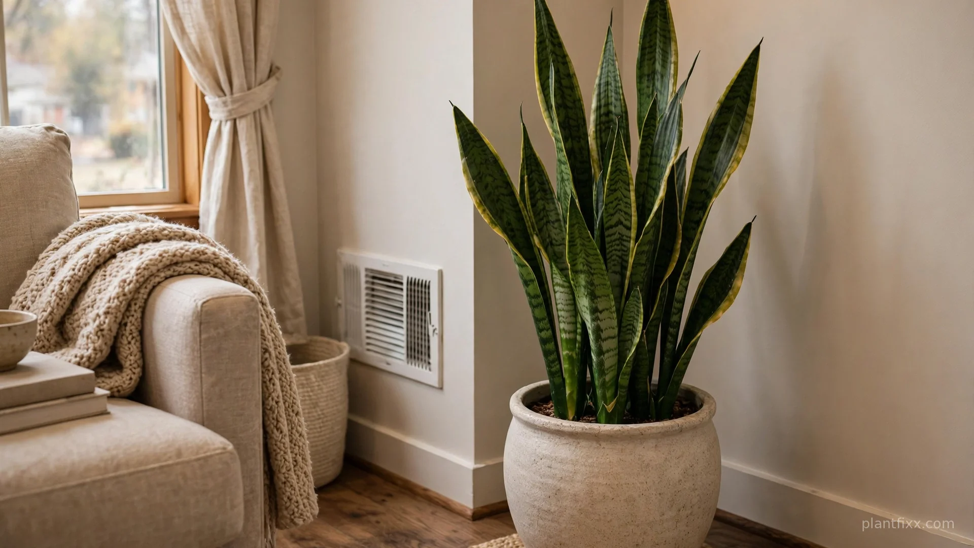 Snake plant in a ceramic pot placed in a stable corner of a living room, away from windows and air vents
