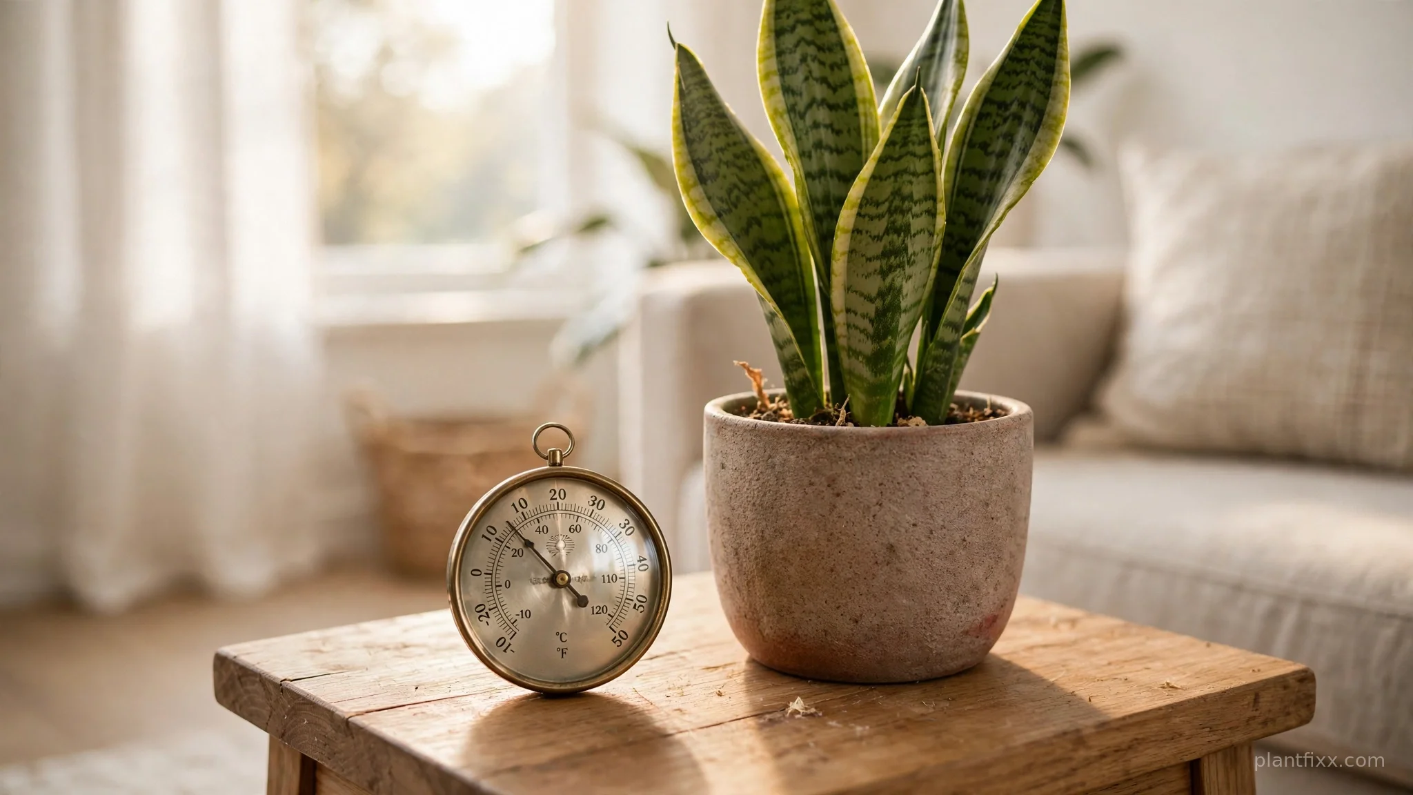 Indoor thermometer placed next to a snake plant on a side table to check the room temperature