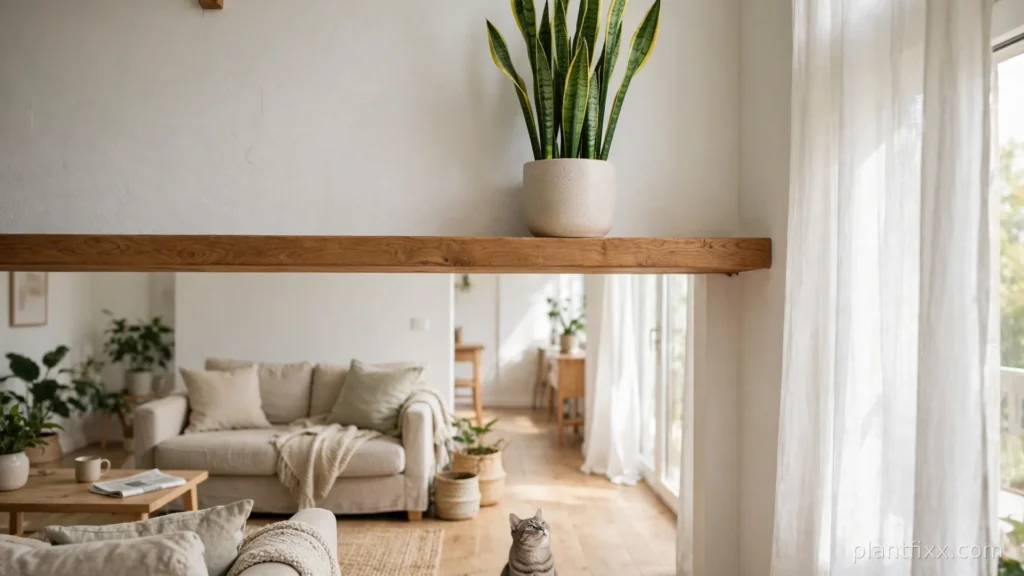 Snake plant on a high shelf in a living room with a cat sitting on the floor below looking up