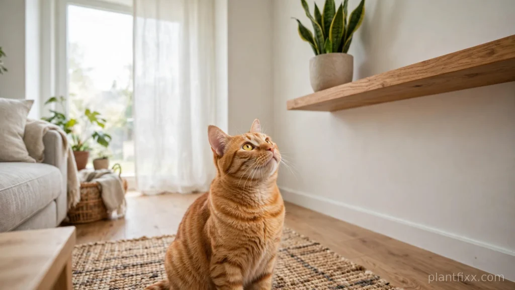 Cat sitting near a snake plant placed on a high shelf out of reach