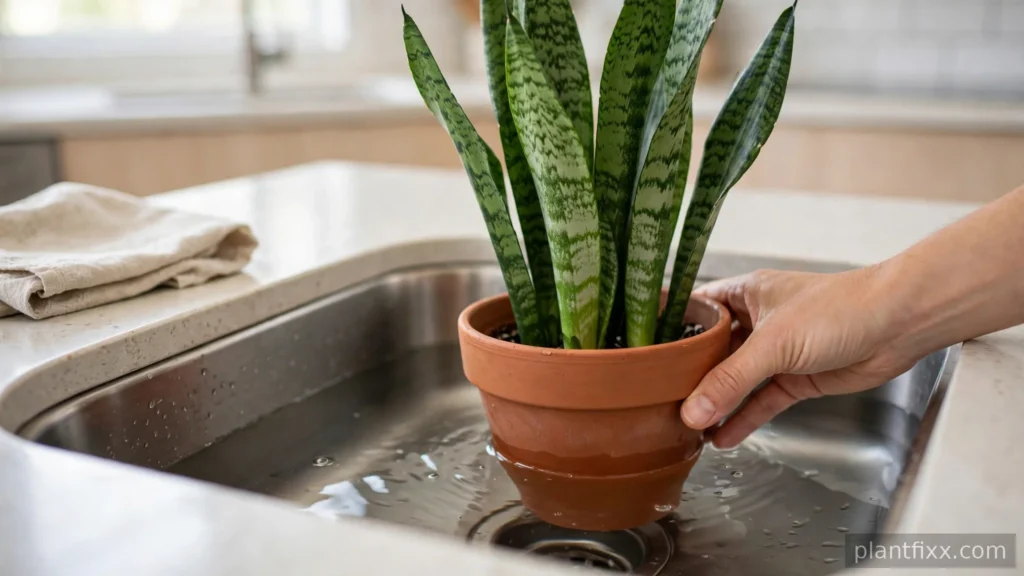 Snake plant pot soaking in a sink for bottom watering to fix underwatering