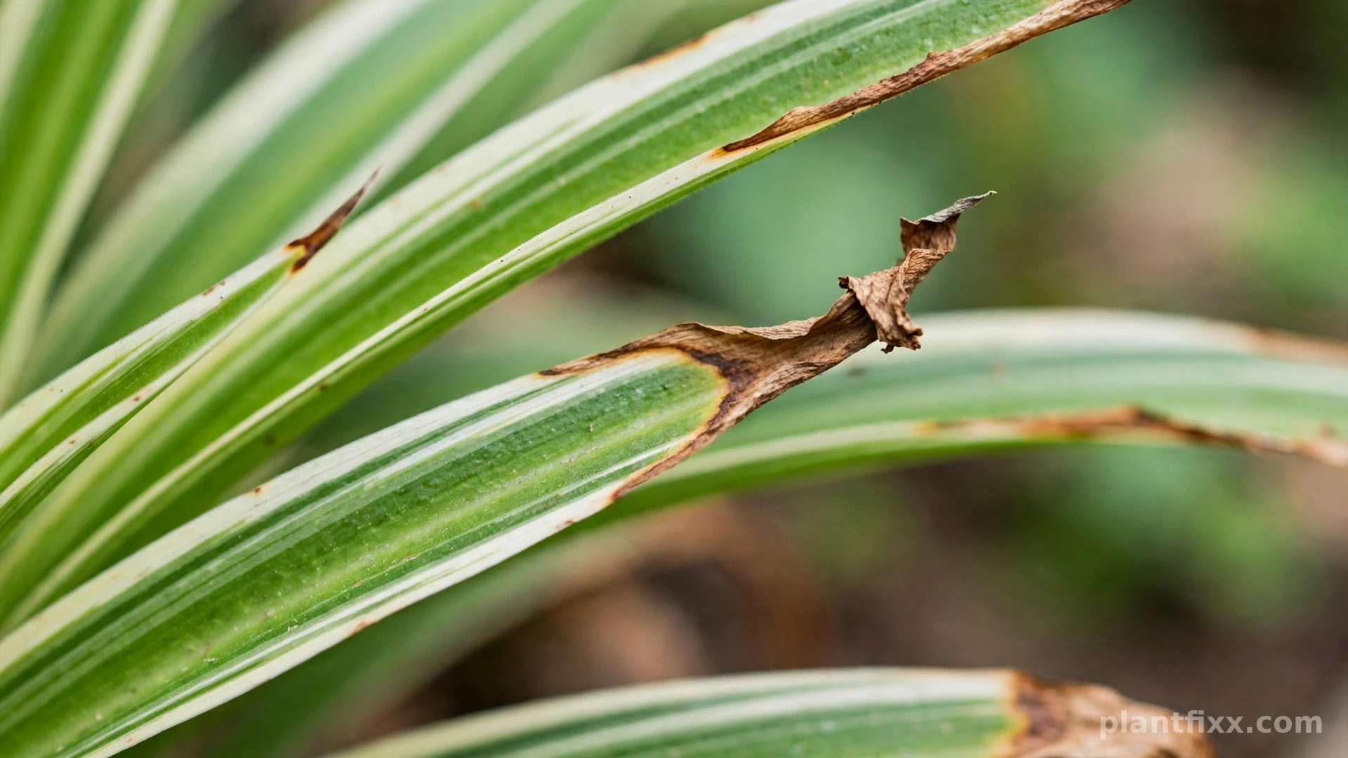 Close-up of spider plant fertilizer burn, brown crispy leaf tips on striped spider plant leaves