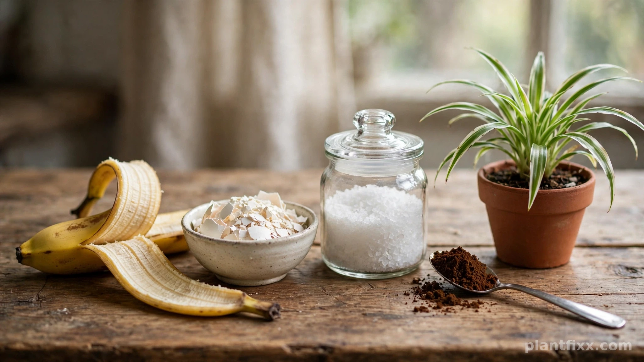 Homemade spider plant fertilizer ingredients, banana peel, crushed eggshells, Epsom salt, and coffee grounds beside a spider plant