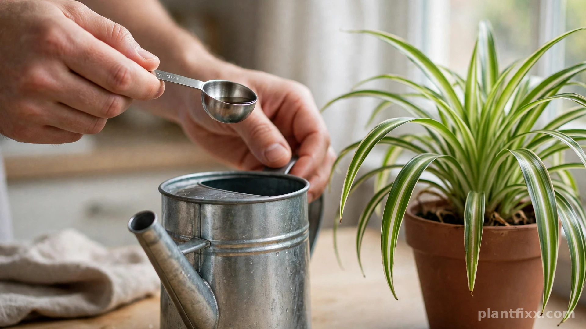 Measuring diluted spider plant liquid fertilizer into a watering can before feeding