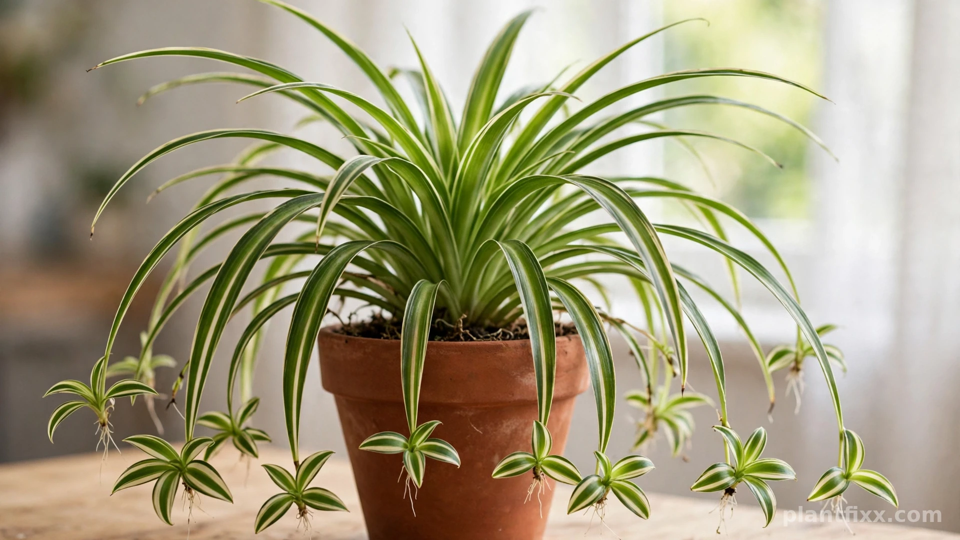 Healthy mother spider plant producing many baby plantlets on arching runners after regular feeding