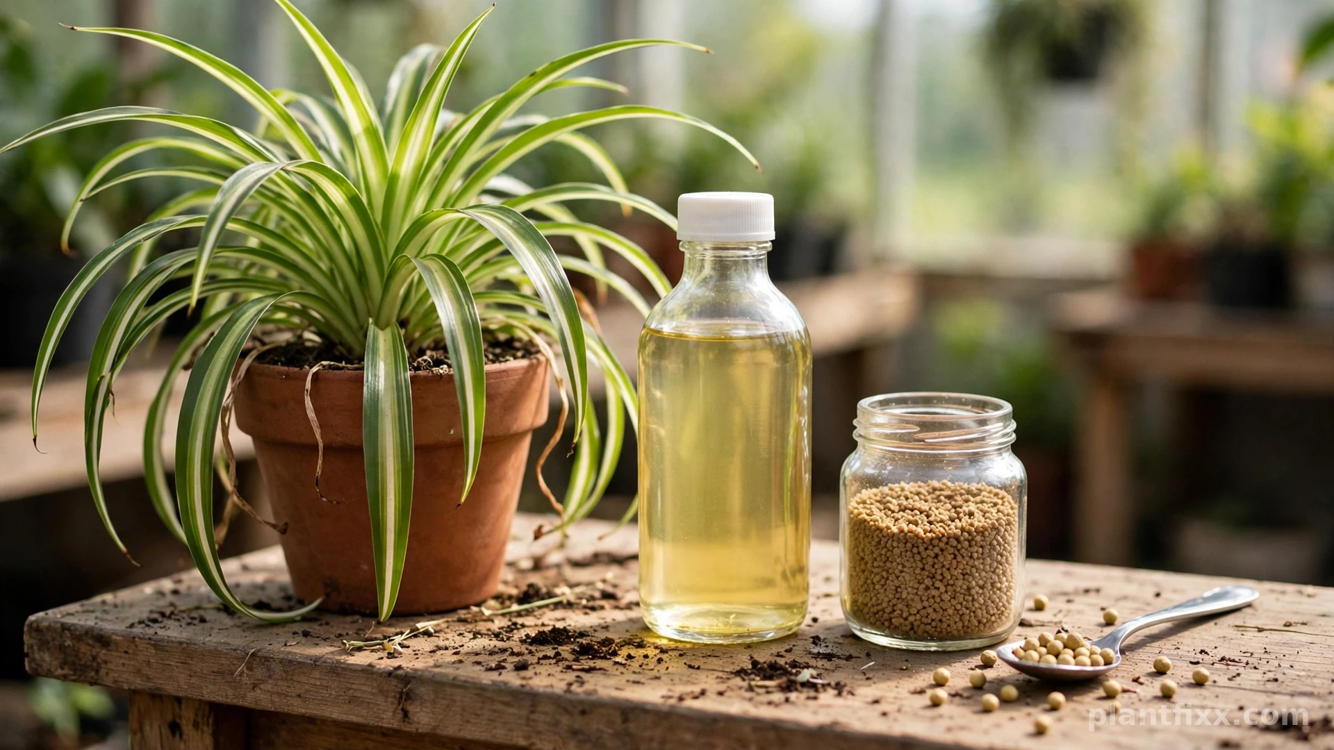 Liquid, granular, and slow-release spider plant fertilizer types arranged next to a potted spider plant