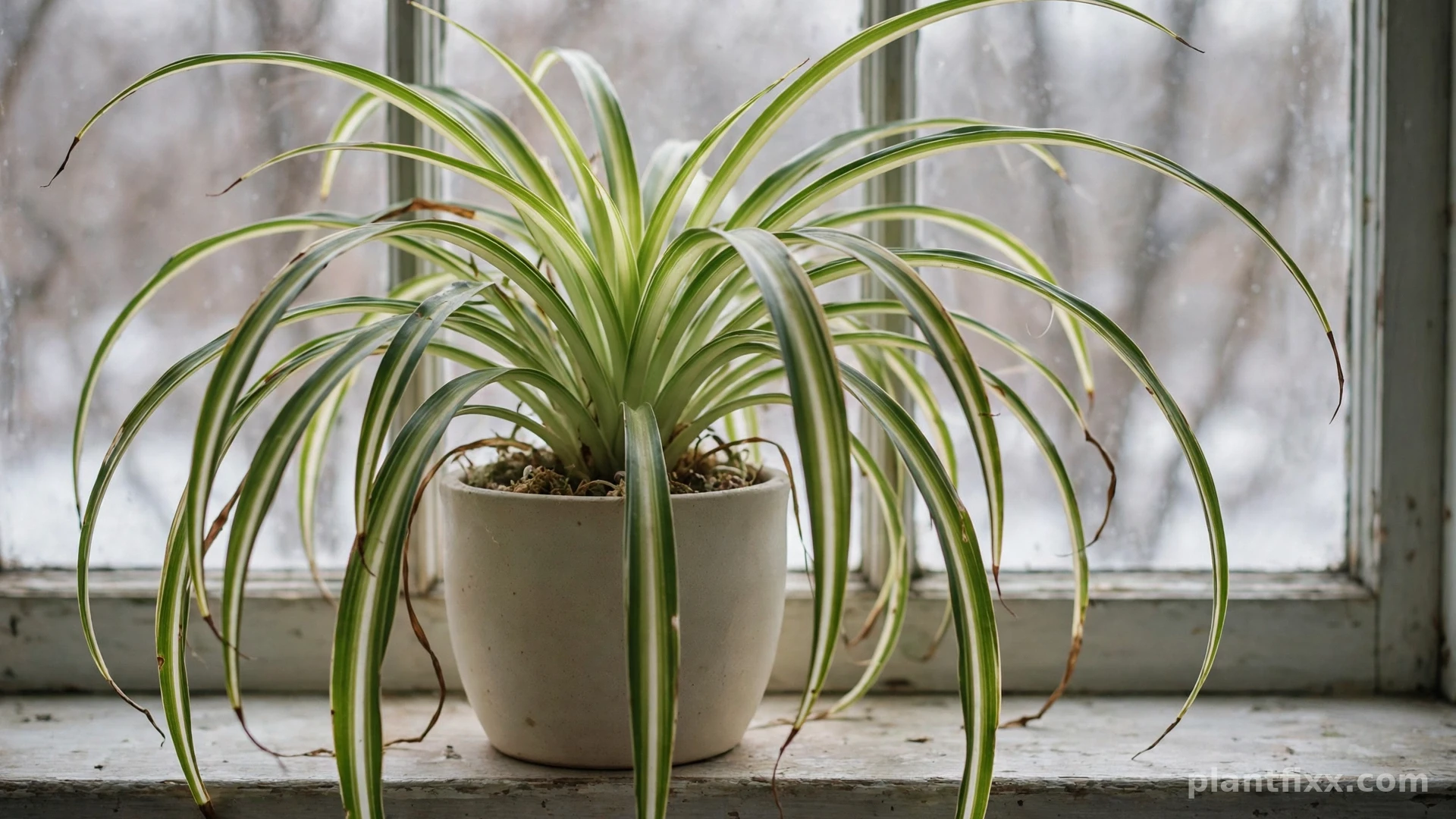Spider plant resting on a windowsill in pale winter light during the no-feeding season