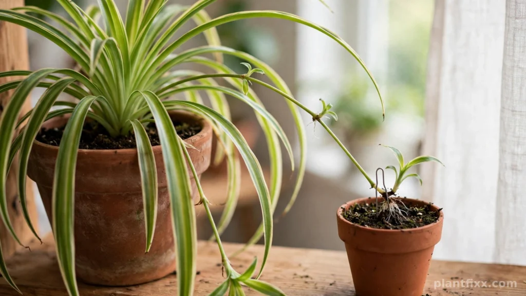 Spider plant baby pinned into a small pot of soil next to the mother plant