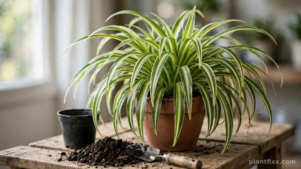 Spider plant in a terracotta pot on a potting bench beside its old smaller pot and fresh potting mix