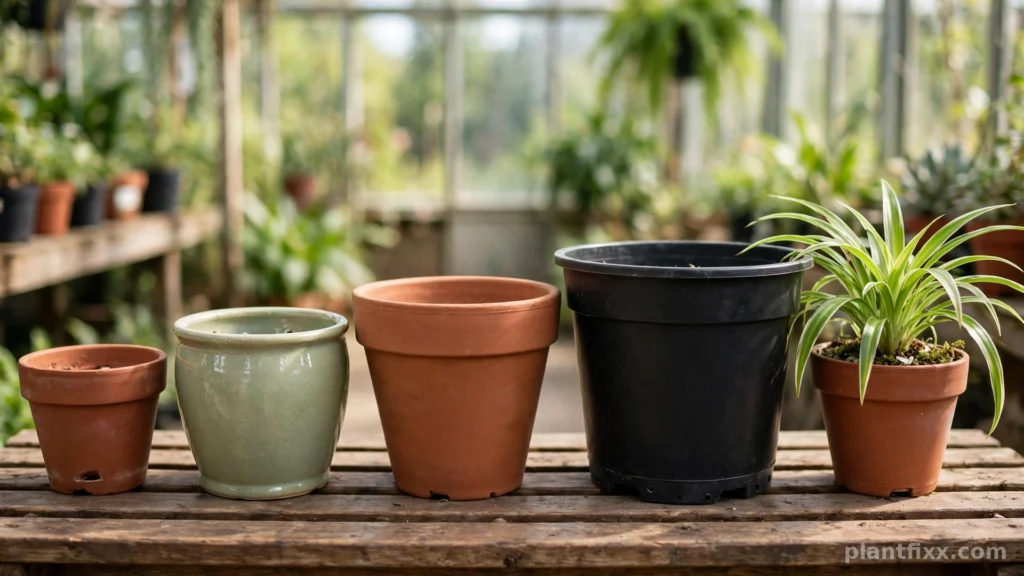 Row of empty plant pots in increasing sizes for spider plant repotting