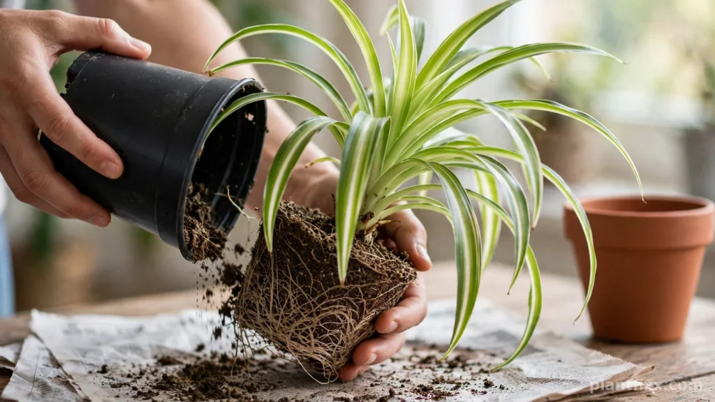 Hands sliding a spider plant root ball out of a plastic pot during repotting