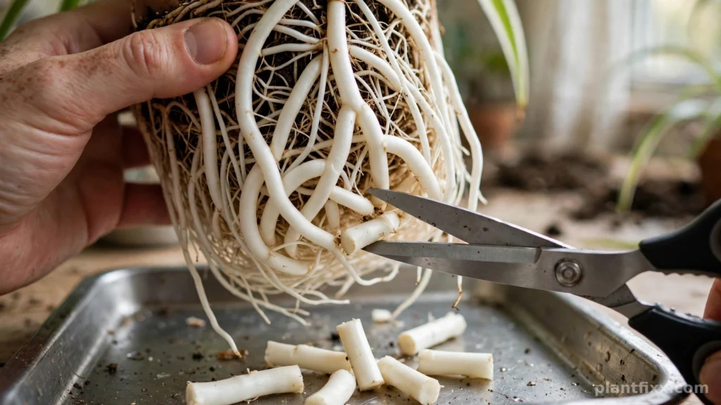 Scissors trimming circling roots on a spider plant root ball while repotting