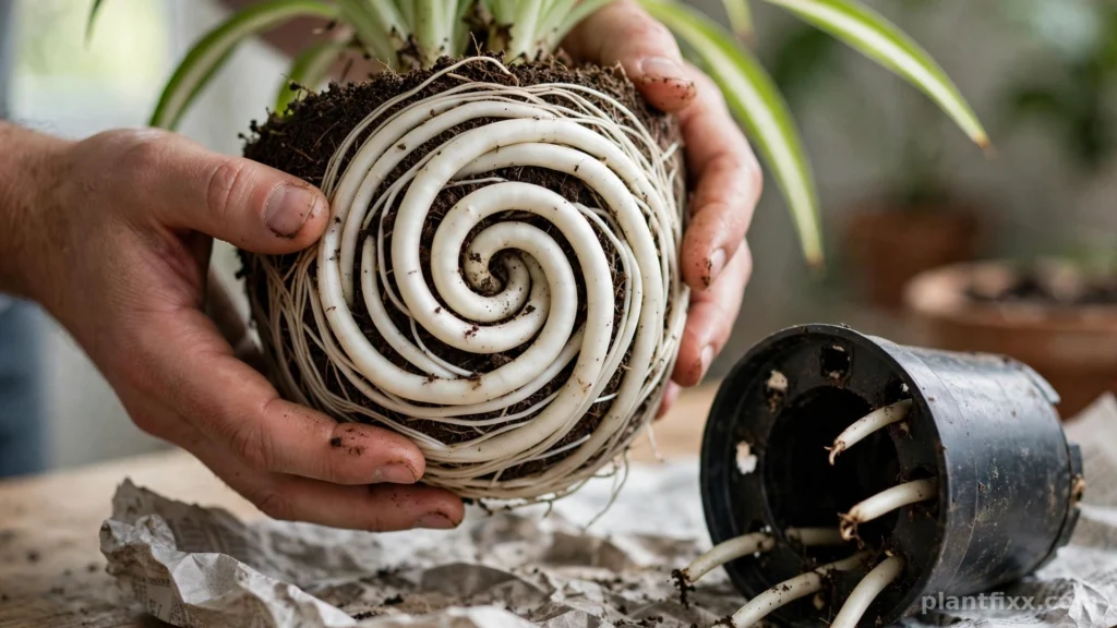 Root bound spider plant root ball with thick white roots circling the soil