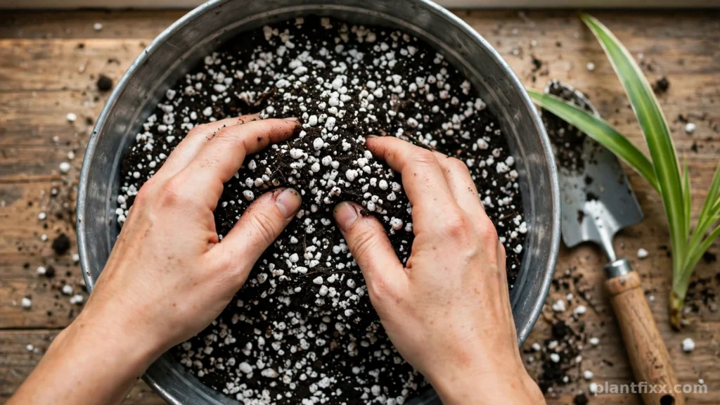 Hands mixing potting soil with perlite for repotting a spider plant