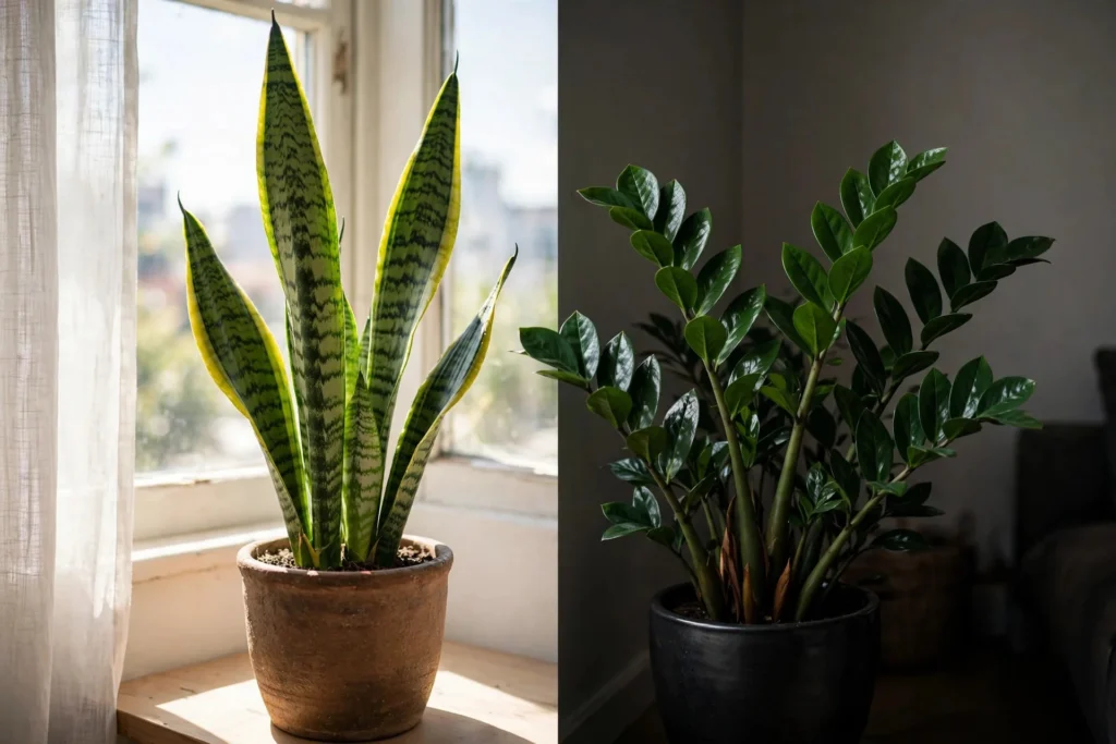 Snake plant near a bright window and ZZ plant thriving in a dim corner