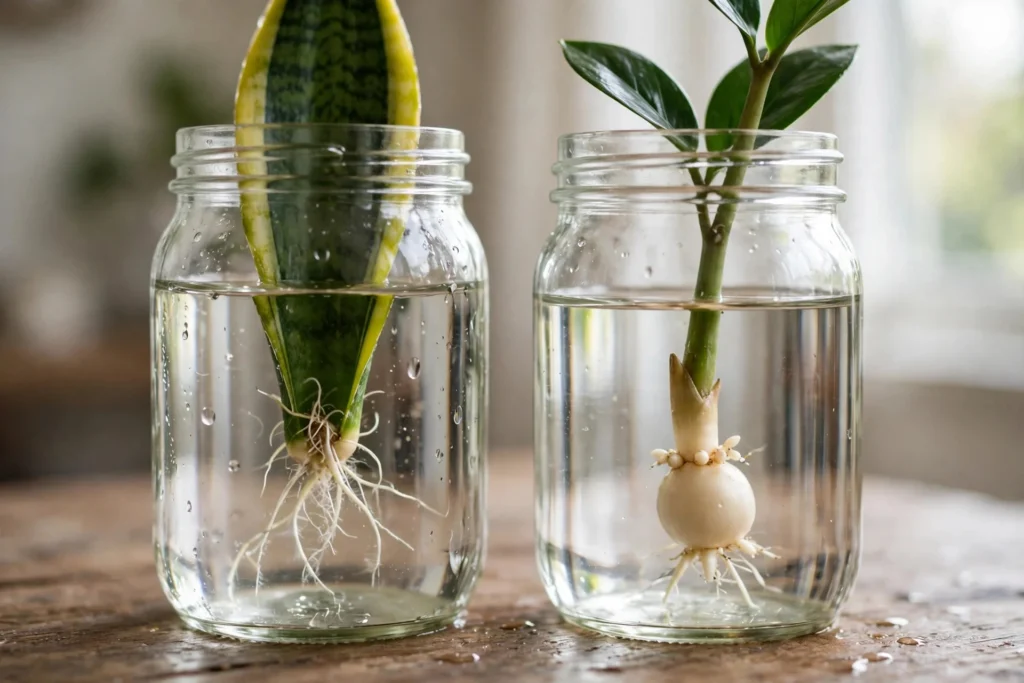 Snake plant leaf cutting and ZZ plant stem cutting rooting in water jars