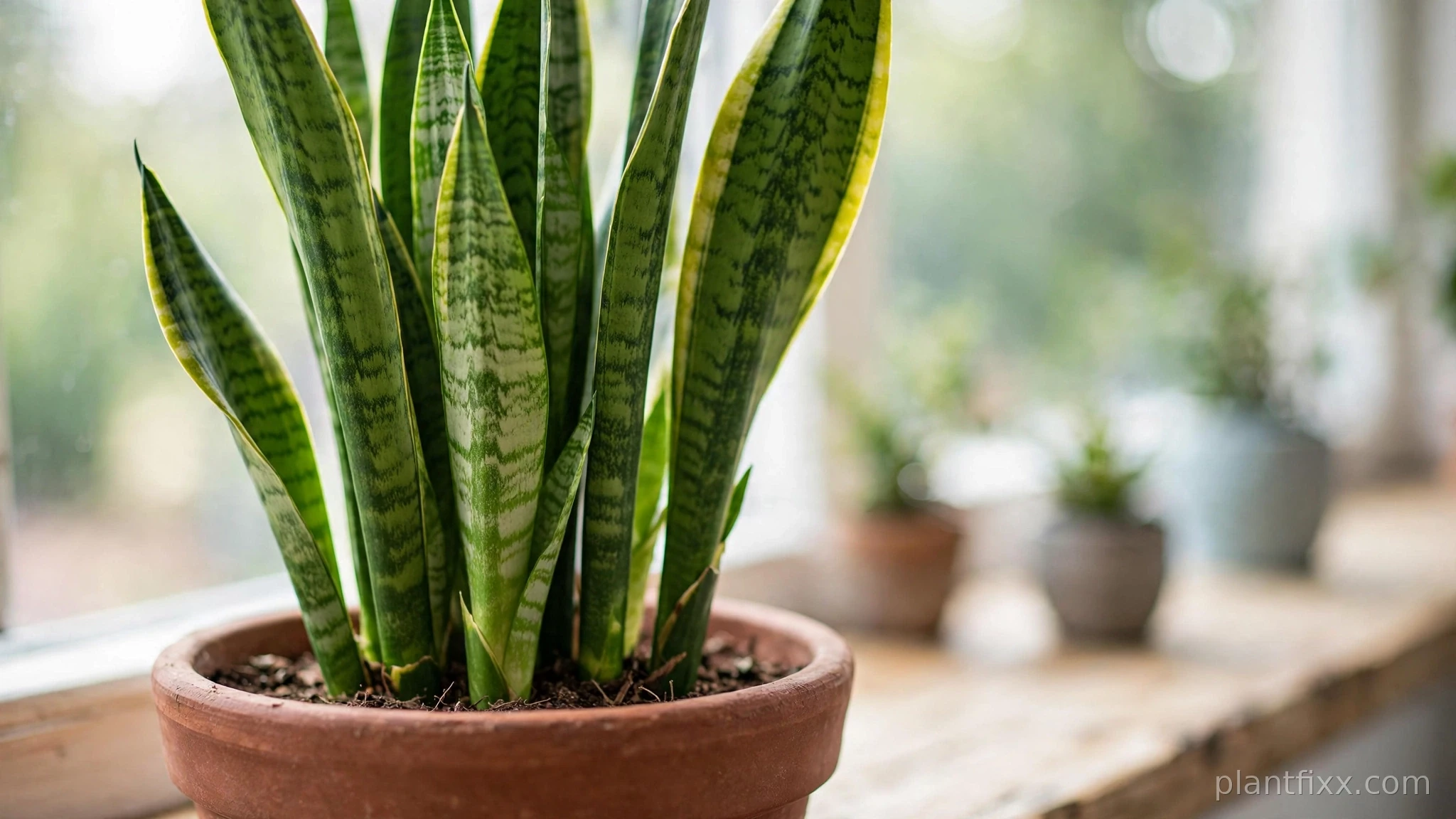 Healthy upright snake plant in a heavy terracotta pot in bright indirect light