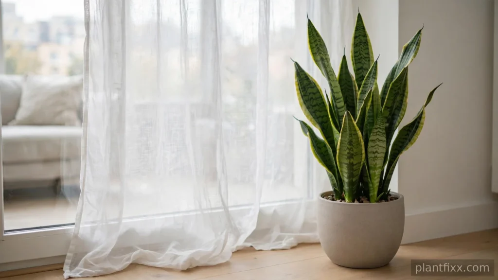 Snake plant in a terracotta pot a few feet back from a bright window with a sheer curtain