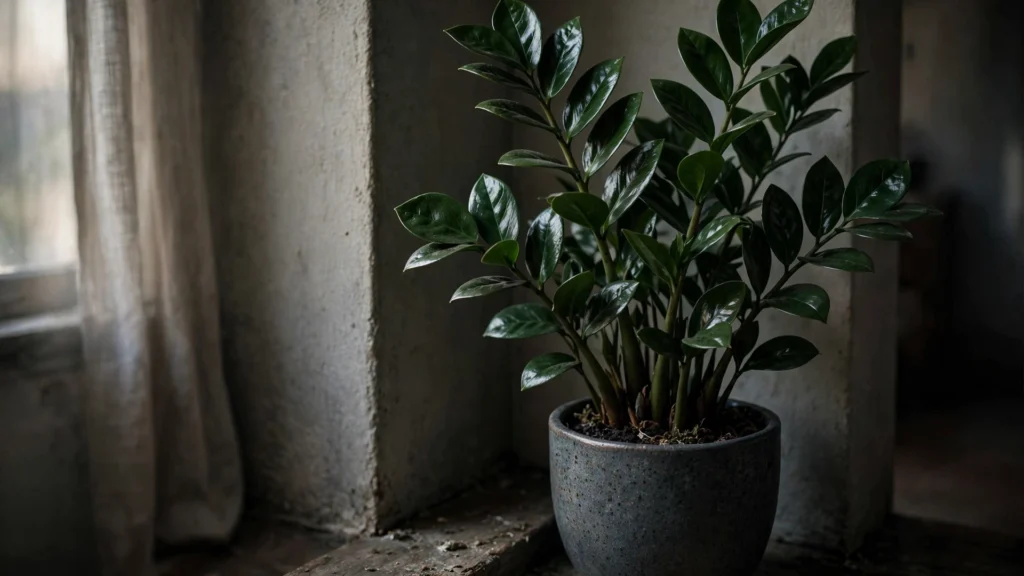 Glossy ZZ plant thriving in a low light apartment corner