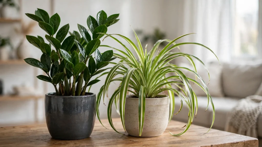 ZZ plant and spider plant side by side in a bright living room