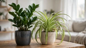 ZZ plant and spider plant side by side in a bright living room