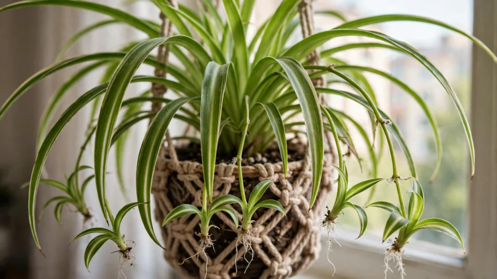 Spider plant with hanging baby plantlets ready for propagation