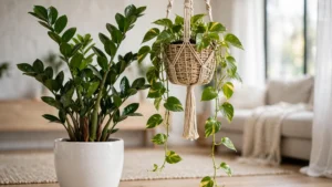 ZZ plant and pothos plant side by side in a bright living room