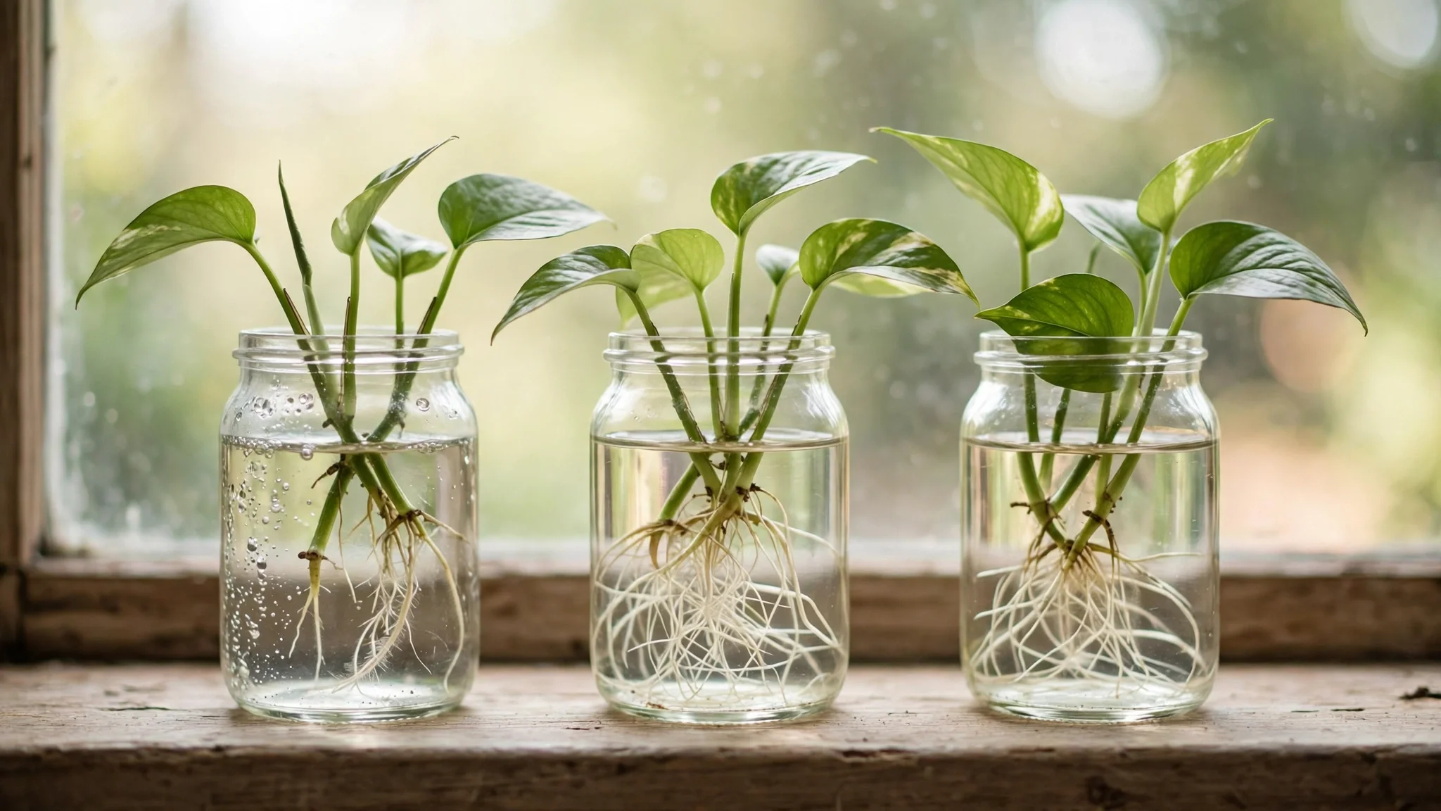 Pothos plant stem cuttings rooting in glass jars of water